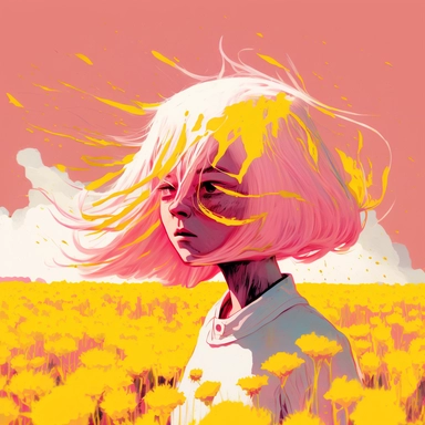 dreamlike hyper realistic illustration of a white fire haired girl's spirit in a field of pink and yellow flowers, flat colors, simple lines, gorgeous lighting, graphic novel style, 2d painting, ink painting style, digital art, childrens character design, happy mood, pixar style cartoon, line work, minimalist, watercolor, 8k, PNG, clipart on white background, sticker style, studio ghibli vibe, studio ghibli style