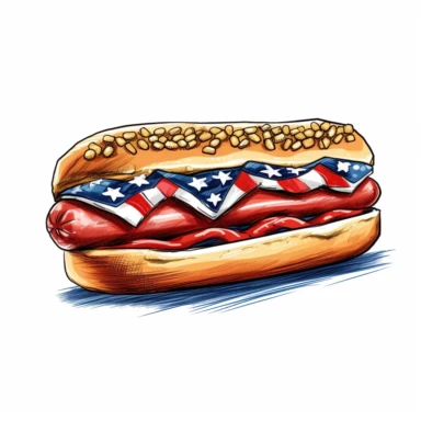 american patriotic flag hot dog clipart illustration, centred, vibrant colors, red, white and blue, add the flag, on a white background, no watermark, no logo, no writing