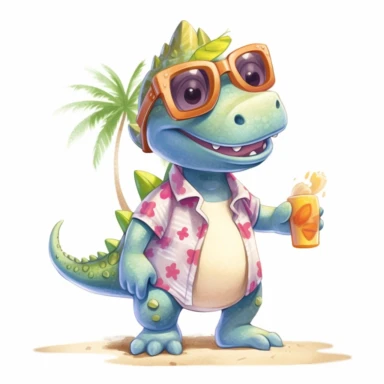 summer, cute Dinosaur wearing a Hawaiian shirt, cute pose, watercolor illustration for kids and children, clipart, sublimation, white background, brightly colored style, realistic color schemes, luminescent color scheme