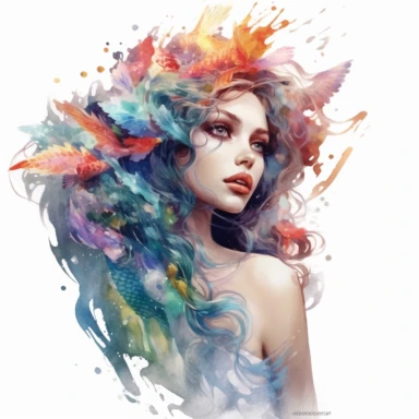 Beautiful coloured mermaid girl, paint art style, clipart, white background, superrealistic, one of a kind