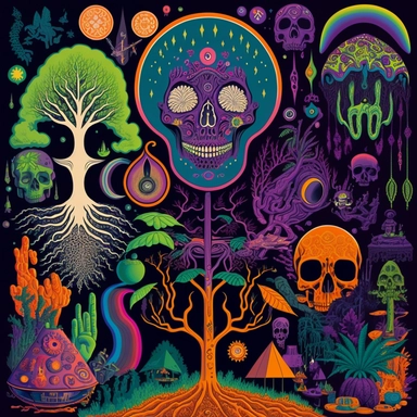 a full screen of poster board saturated and filled up with different psychedelic related elements, including such objects as big and small mushrooms, ferns, large trees, skulls, many little happy-skulls, moons, stars, rocket ships, random strange things, large tentacles, flying saucers with light beams, flowers from other planets, in a jungle scene with many psychedelic colors and other random fun clipart objects in an adventure time environment, green aliens, monkeys, smileyfaces, stars, big sh