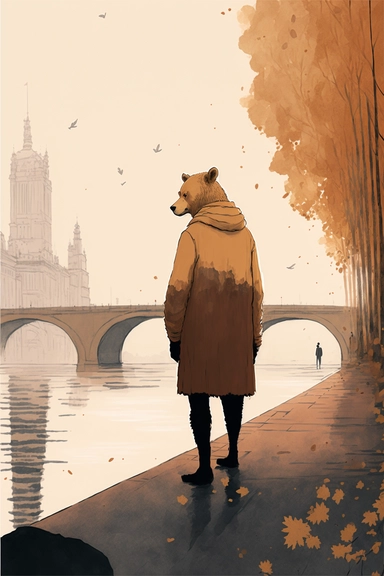 Berlin Bear, by xuan loc xuan, Tom Hammick, Anastasia Suvorova, Jon Klassen, greg tocchini, everyday life in autumn, warm, white and brown shades, tranquil, serene, limpid, vector, clipart, elaborate, ultra-detailed, best quality illustration, well composed, vibrant colors, high definition, 8k