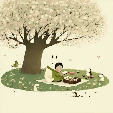 in the style of Ryo Takemasa, xuan loc xuan, Lisa Audit, Anastasia Suvorova, Jon Klassen, greg tocchini, separated isolated single of picnic blanket with books and lunchbox under the sakura tree, green grass, petals rain, wind blowing, flowers, tranquil and serene, white background, fantasy, magical, cute, white background, cozy, vector, clipart, elaborate, ultra-detailed, best quality, well composed, vibrant colors, high definition, UHD