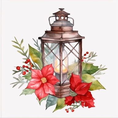 watercolor Christmas card with a lantern, poinsettias, and fir branches Handpainted holiday composition with flowers Full body realistic cartoon in 32K UHD cute. 15 cm thick outline. Black color. There was no shadow on the ground. 8k with realistic watercolors and detailed illustrations. PNG clipart, transparent white background