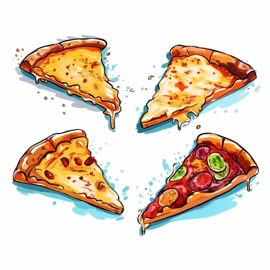 bold line doodle clip art of slices of pizza with stringy cheese dripping from edges. Bright and colourful. 4 images per render with spaces between each image. Plain white background. High quality