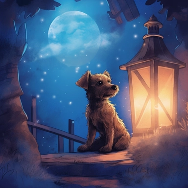Create One clipart inspired by night dog waiting: The clipart exudes a cozy ambiance, with a sense of warmth and tranquility. It invites viewers to imagine themselves wandering through this magical nature, discovering its secrets and encountering fantastical creatures.cozzy watercolor style. in 4K. so it can be used in fantasy books. beautifull coloring