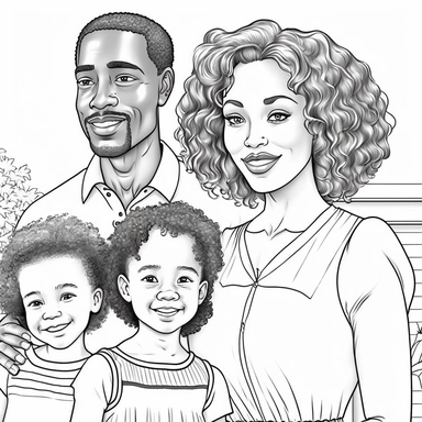 monochrome classic coloring book page of full body head to toe clipart style of smiling, African American family man with wife and children, smooth skin no blemish, he has round detailed eyes, chiseled face with hair, hyper realistic, hyper detailed, hair is short curly clean cut, wearing a full leisure outfit, line art, 8k polished focused photography, there is no background on this image