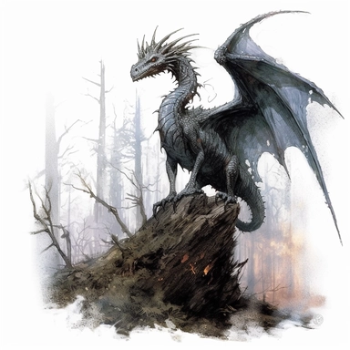 dragon of shadows, full body in a burned forest, design by twilight designs, in the style of david nordahl, jean-baptiste monge, farel dalrymple, fantastical street, high resolution, imaginative characters, clipart, blank white background