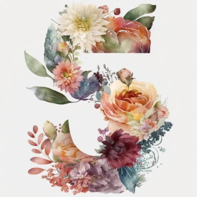 watercolor flower number 5 formed from flowers png clipart, botanical number 5, png alphabet clipart, clipart, colorful, no background, number 5, 5,