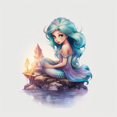 Watercolour animated whimsical beautiful Disney inspired fairytale pastel beautiful baby mermaid with pastel hair and perfect beautiful mermaid tail sat on rock Disney inspired beautifully detailed perfect facial features ultra highly detailed, 18k, sharp focus, bright photo with rich colours digitally enhanced, enhanced graphics, straight, sharp focus, bright lighting, intricate detailed png image ,high definition,300dpi,graphic clipart,computer graphics