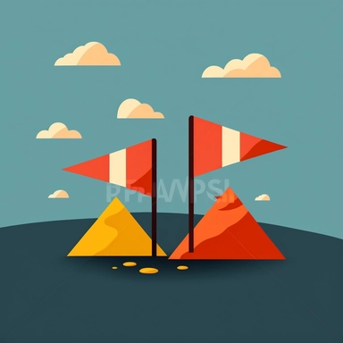 two big triangular flags on small hill clipart, flat illustration, minimalistic, simplicity, two triangular flags resembling letters P