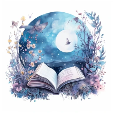 fantasy scene coming out of an open book, moon fairies stars, florals, magical, watercolors, Clipart, pastel blue color theme