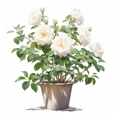 a simple gorgeous white rose flowers tree growing out from a pot on white background clipart, png, watercolor painting realistic, high quality, vibrant, Vicente Romero Redondo, Willem van Aelst, Elsa Beskow