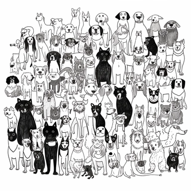 simple one line art of dogs, full din a 4, simple one line art, black and white, body of dogs, picture of a busy scene , poster style, clipart