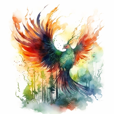 high level watercolor, hyper realistic, white background with margins, 8k, ultra detailed clipart, large, futuristic, A majestic phoenix soaring through a forest clearing, its vibrant feathers leaving a trail of fire and embers against the twilight sky, cool, fairy, dark of green
