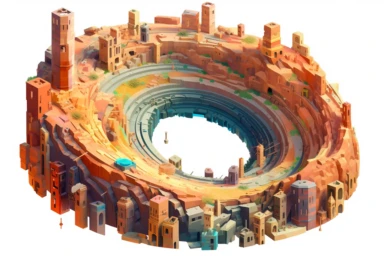 a close up of a infinite loop open pit mine on a white background, james gilleard and james jean, escher, trending on artisation, connectedness, scutoid, mit technology review, by Sam Spratt, dan mcpharlin : : ornate, wormholes, tetris, monolithic, stylized stl, clipart icon, simple 4 colors from gray to metalic blue, vector-based, sharp border, plane color and very define, high quality, digital art, 8k resolution, masterpiece, congruent, amazing, incredible, awe-inspiring, mind-blowing, masterf