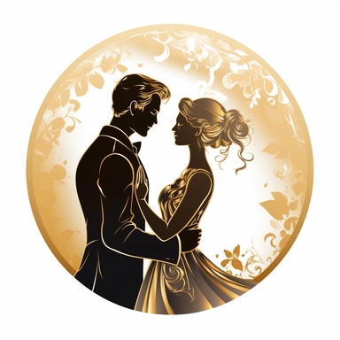 shinning gold, bride and groom looking lovingly at eachother, cameo style clipart