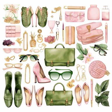isolated Fashion accessories clipart, Fashion clipart, Fashion set clipart, Fashion Illustration, Bag clipart, Shoe clipart, Gold planner clipart, magenta, peach and green