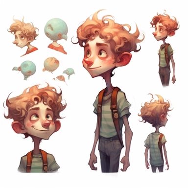 watercolor game character, model sheet turnaround, schematic, front view, side view, symmetrical , illustrations clipart, white background, phonics , laughing, speaking, blinking,