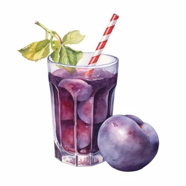 An purple plum fruit with a straw inserted, as if ready to be juiced or drink , Watercolor, pastels, clipart, beautiful, colourfull, png transparent white background, high resolution, no caption q4 s2