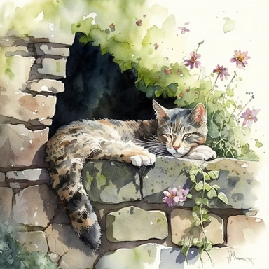 A cat napping on an ancient stone wall, surrounded by climbing ivy and blooming flowers, watercolor by Mary Whyte, clipart, solid background.--q 2 niji 5