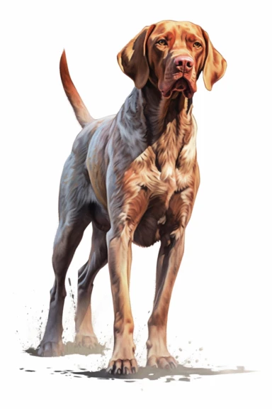 agile vizla dog, They are often used as pointing dogs, meaning they locate the game and freeze in a pointing position to indicate the presence of pheasant to the hunter, dreamy clipart illustration, Style Fusion between watercolor, Grisaille and Thick impasto, mesmerising clipart on a white background, soft colors, 16k UHD, detailed textures