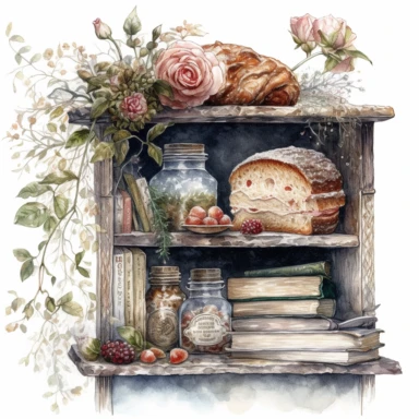 isolated on white illustration watercolor art of a white kitchen shelf with bread and cake, overgrown with white and light pink roses and flowers, covered with snow and ice, a lot of moss and branches, lace and embroidery, masterpiece by Tomasz Alen Kopera style and by Carl Holsoe style and by James C. Christensen style and by Alexander Jansson style, Baroque Architecture, PNG clipart, isolated on white, white background, extreme photorealistic details, 32k HD resolution, realistic high detailiz