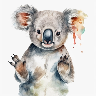 A Happy koala smiling, standing up, watercolor painting, clipart, white background,
