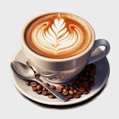 watercolor art of latte art in cup, in the style of realistic and hyper-detailed renderings, sketchfab, ahmed morsi, realistic watercolor paintings, use of common materials, handcrafted designs clipart tan and silver with background removed