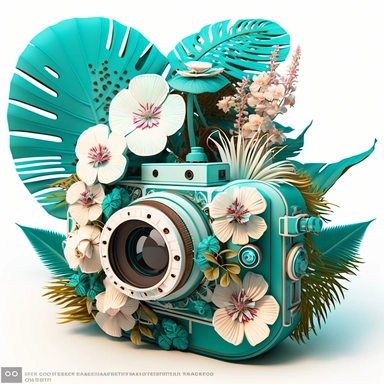 clipart of an old fashioned photo camera, 1 photo lens only, surrounded by an intricate arrangement of dramatic extravagant digital 3D white tiare flowers, turquoise palm leaves, in the style of large-scale photography, lush detailing, cartoon style, playfully intricate, made of flowers, bloomcore, tropical island ambiant, 8K, clipart, clear background