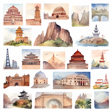 Watercolor clipart on white background, historical postcards of The Great Wall of China, in China, Petra in Jordan The Christ the Redeemer, in Rio de Janeiro, Brazil, Machu Picchu, in Peru, Chichen Itza in Mexico, The Roman Colosseum, in Rome, Italy, The Taj Mahal, Agra, India , soft pastel, vintage, cinematic, dramatic, ultra realism, 4k, highly detailed, white background