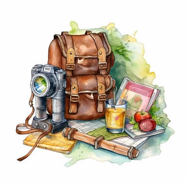 etailed Travel clipart adventure gear in the style of Watercolor clip art, clipart, on a white background