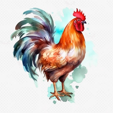 realistic watercolor rooster calling in the morning on solid white background, clipart