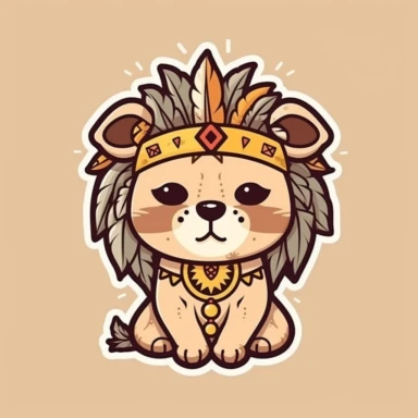 cute lion indian chief, sticker, kawaii style, vector clipart, black outline