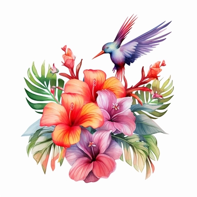 Tropical Flowers Clipart featuring beautiful Hawaiian flowers like the hibiscus, plumeria, and bird of paradise, showcasing their vibrant colors and intricate details, realistic with high details, beautifully colored with strong pastel colors in a beautifully colored and fantasy magical fairytale mesmerizing style, emotionally pleasing watercolor style in the style, 8k hd detailed quality on a white background