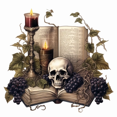 gothic clipart, skulls, books and ivy. goblets, candles