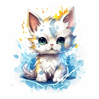 watercolor of cute electrical god cat, white lightning strikes, vector free clipart illustration, in the style of unreal engine 5, 32k uhd, detailed features, white background