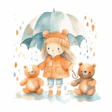 watercolor clipart cute bears with little girl, in the style of uhd image, naturecore, whitcomb-girls, cottagecore, light orange and dark cyan