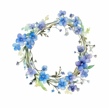 clipart of a sharp and delicate floral garland, without too much flowers and leafs using forget-me-nots flower, studio ghibli watercolor style, isolated on white background, maximalism, complex, very high definition