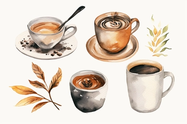 minimalistic clipart set five watercolor clipart, coffee,