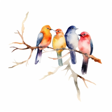 Watercolor Colorful birds perched on tree branches clipart, Minimalist, isolated white background, 8k