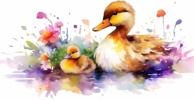 Adorable mother and baby duck, lake, countryside, vivid colours, ornamental watercolor clipart, white background, I can’t believe how beautiful this is