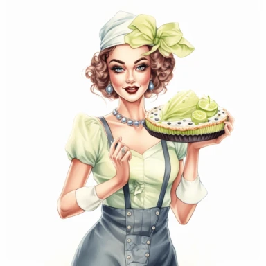 hand drawn pin up woman, wearing a bakers hat, light blue and white striped apron, holding a key lime pie anf limes, glamorous, half body, very detailed and realistic, watercolor, white background with margins, clipart style