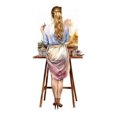 watercolour pretty lady standing in front of an art easel view from behind hd clipart white background