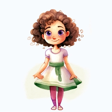 4 year old cartoon Pretty girl, cute cartoon white skin girl with medium lenght curly hair and brown eyes, wearing fuchsia clothes, smiling with her arms crossed. Pixar childrens book cartoon style, detailed, modern, urban, watercolor, full color, flat color, white background, children book illustration. Watercolor clipart. Pixar animation