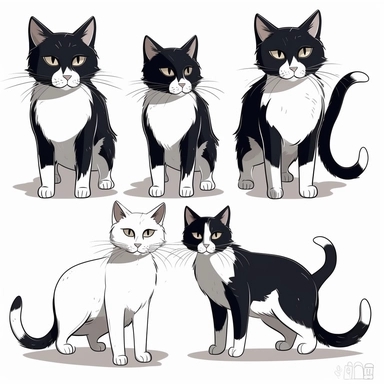 cute and beautiful cat with white face with few spots in black close to the ears and left side of nose and black tail vector art, clipart, illustration, kids book style, different angles, character sheet, white background, ar 3:2, q 2