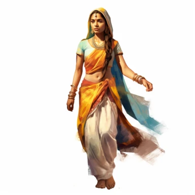 watercolor style, full body view, beautiful woman from India wearing traditional clothes, very detailed, realistic, clipart, isolated on white background, 4K