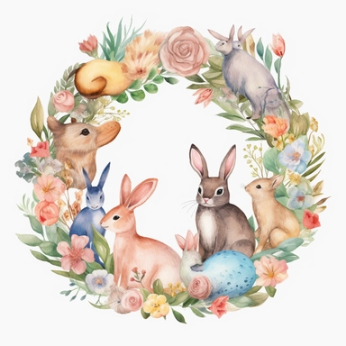 Easter eggs, floral wreath, pastel colors, spring flowers, cute animals, watercolor style, whimsical, playful, clipart.