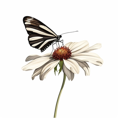 Zebra Longwing butterfly on a single flower, side view, Watercolor clip art, high quality image, soft pastel, cinematic, dramatic, ultra realism, 4k, very detailed