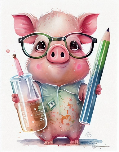 detailed watercolor kawaii pig with eyeglasses wearing a lab gown holding a test tube with chemicals, facing front, isolated on a white background, clipart